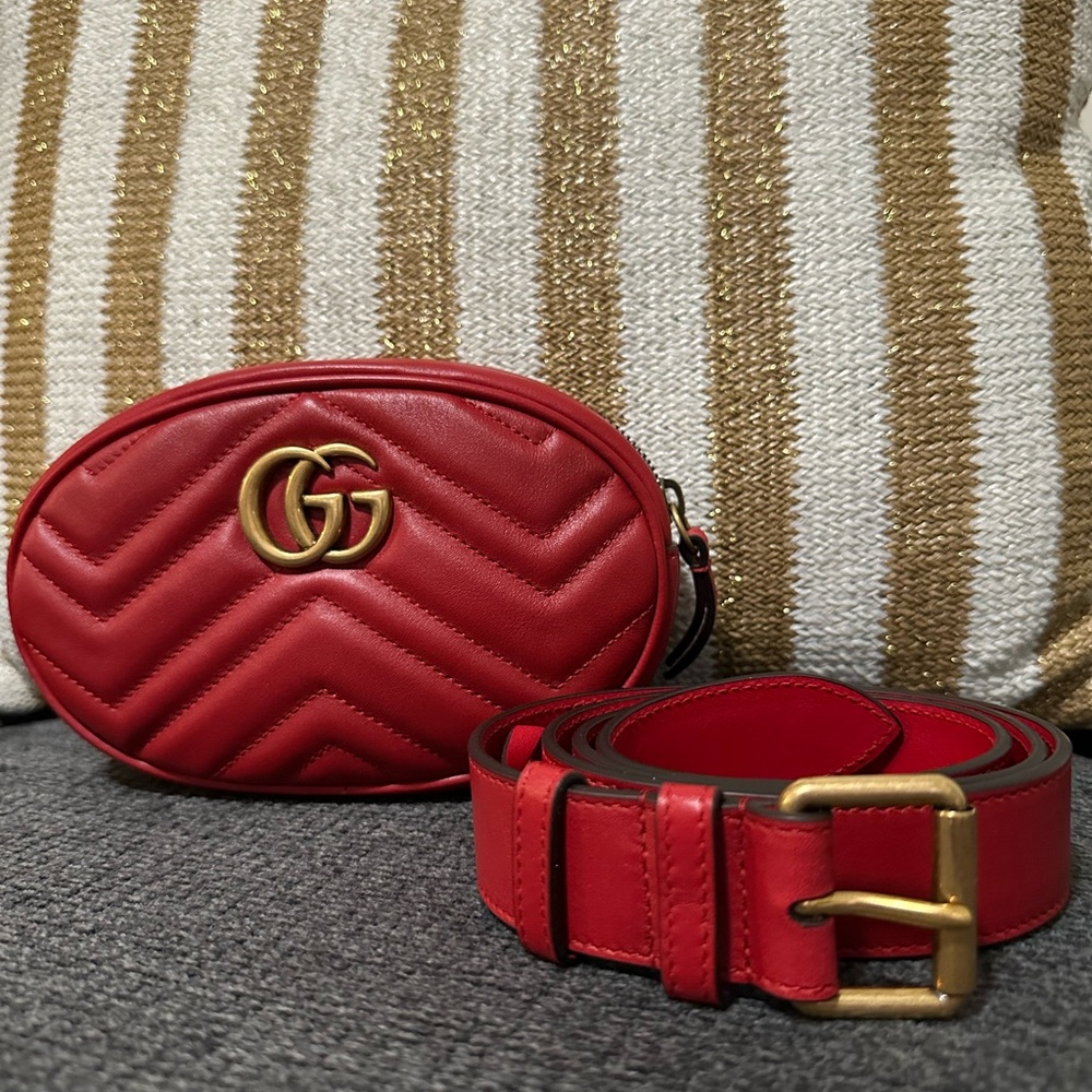 Gucci Red Leather Belt Bag with Gold Accents